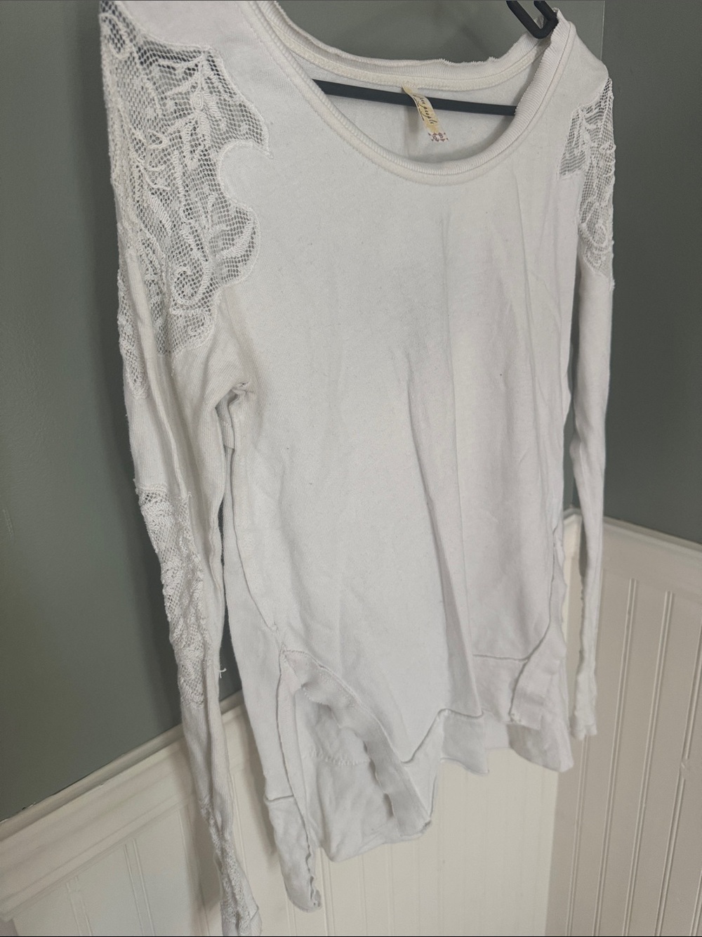 Free People Ivory Lace-Trim Long Sleeve Scoop Neck Top - Picture 3 of 5